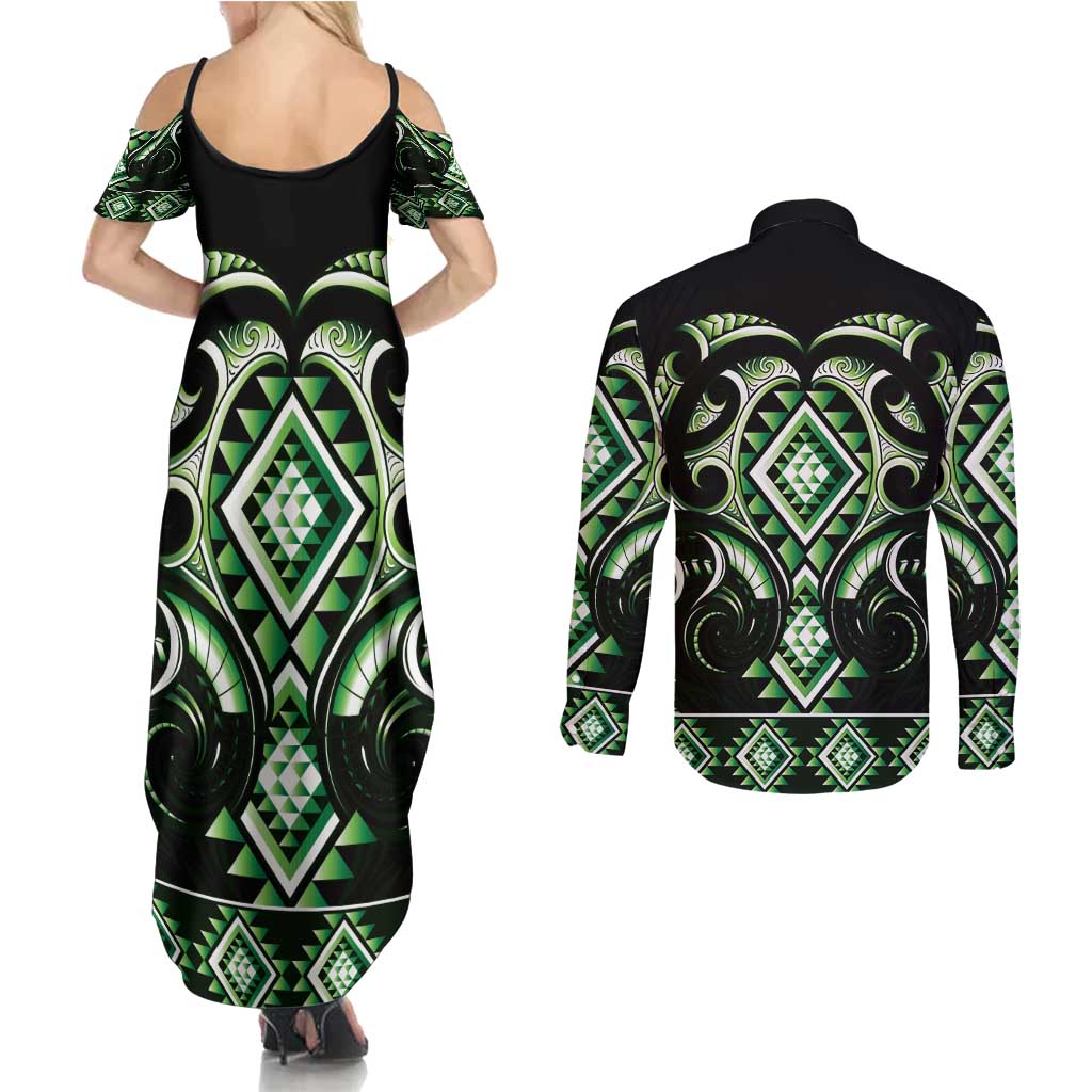 Green Ngaru Taniko With Aotearoa Maori Tattoo Couples Matching Summer Maxi Dress and Long Sleeve Button Shirt