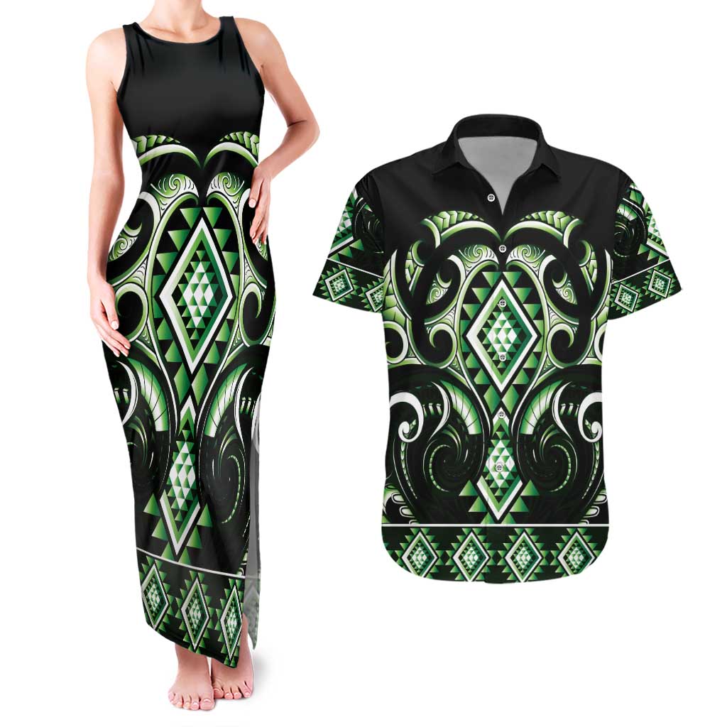 Green Ngaru Taniko With Aotearoa Maori Tattoo Couples Matching Tank Maxi Dress and Hawaiian Shirt LT14 Green - Polynesian Pride
