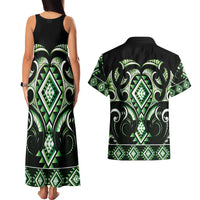 Green Ngaru Taniko With Aotearoa Maori Tattoo Couples Matching Tank Maxi Dress and Hawaiian Shirt LT14 - Polynesian Pride
