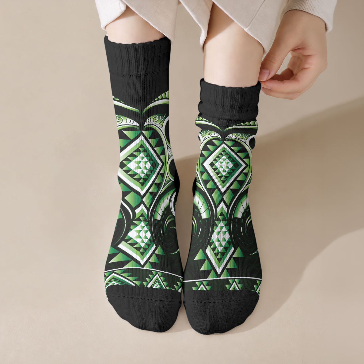 Green Ngaru Taniko With Aotearoa Maori Tattoo Crew Socks