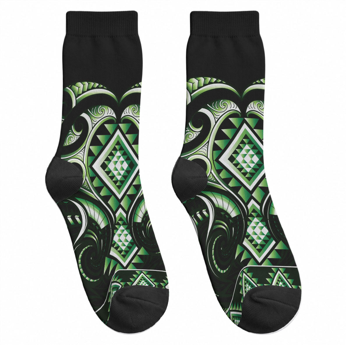 Green Ngaru Taniko With Aotearoa Maori Tattoo Crew Socks