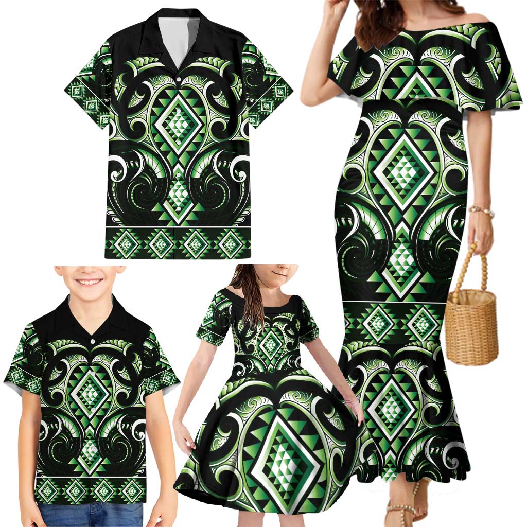 Green Ngaru Taniko With Aotearoa Maori Tattoo Family Matching Mermaid Dress and Hawaiian Shirt LT14 - Polynesian Pride