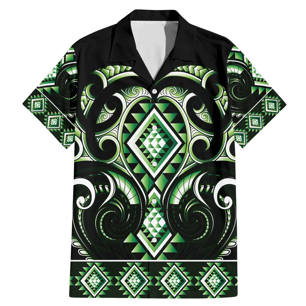Green Ngaru Taniko With Aotearoa Maori Tattoo Family Matching Mermaid Dress and Hawaiian Shirt LT14 Dad's Shirt - Short Sleeve Green - Polynesian Pride
