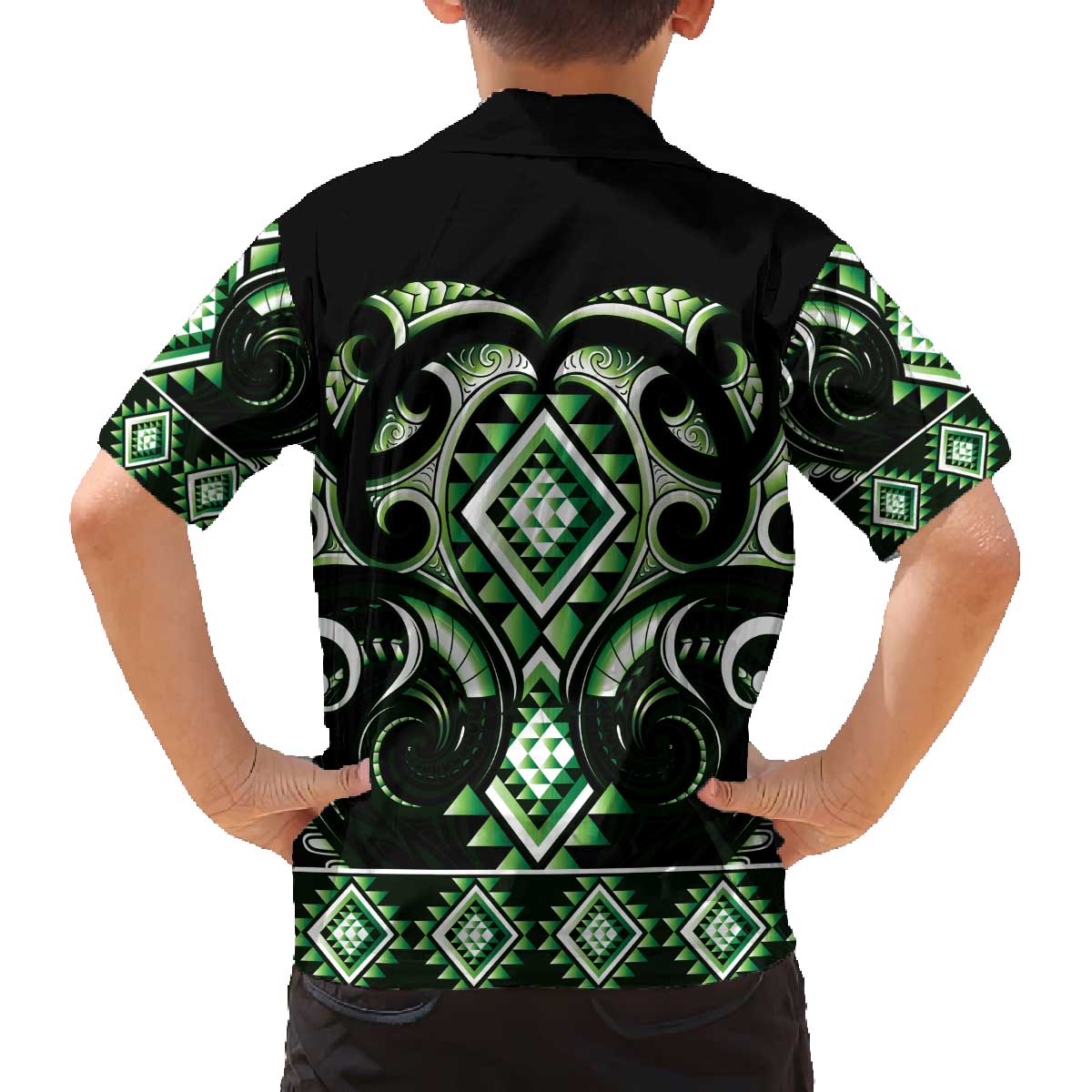 Green Ngaru Taniko With Aotearoa Maori Tattoo Family Matching Off The Shoulder Long Sleeve Dress and Hawaiian Shirt LT14 - Polynesian Pride