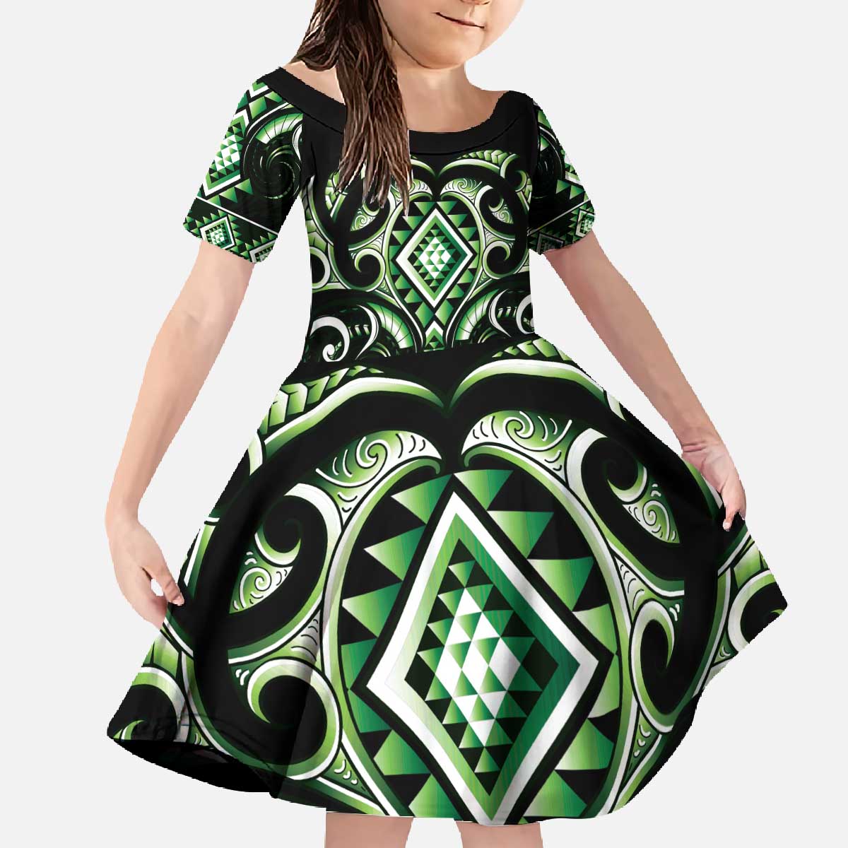 Green Ngaru Taniko With Aotearoa Maori Tattoo Family Matching Off The Shoulder Long Sleeve Dress and Hawaiian Shirt LT14 Daughter's Dress Green - Polynesian Pride