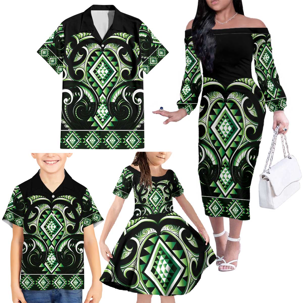 Green Ngaru Taniko With Aotearoa Maori Tattoo Family Matching Off The Shoulder Long Sleeve Dress and Hawaiian Shirt LT14 - Polynesian Pride