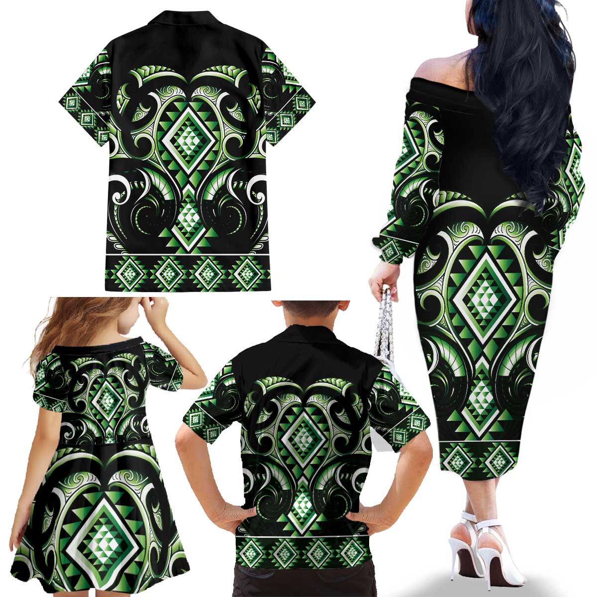 Green Ngaru Taniko With Aotearoa Maori Tattoo Family Matching Off The Shoulder Long Sleeve Dress and Hawaiian Shirt LT14 - Polynesian Pride