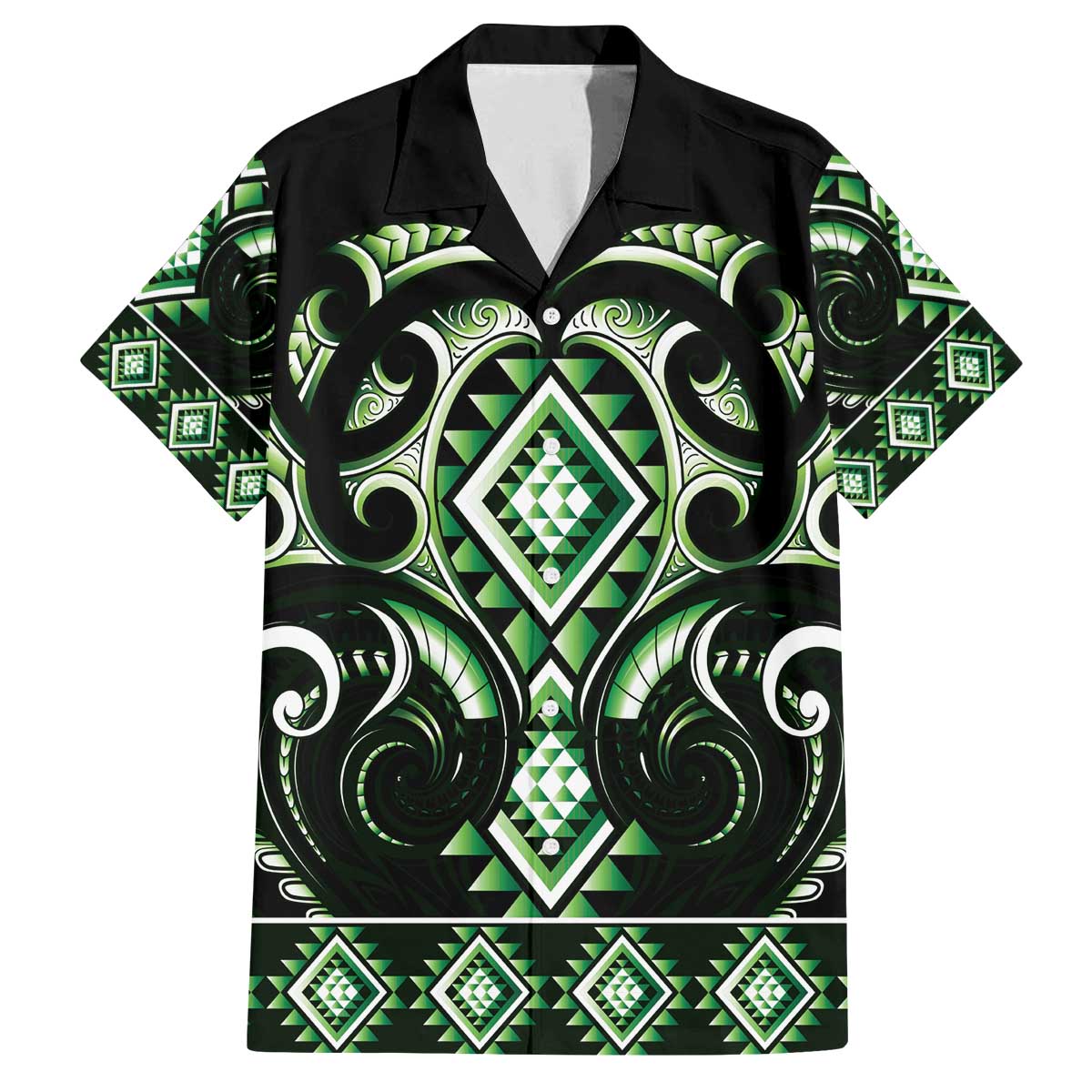 Green Ngaru Taniko With Aotearoa Maori Tattoo Family Matching Off The Shoulder Long Sleeve Dress and Hawaiian Shirt LT14 Dad's Shirt - Short Sleeve Green - Polynesian Pride