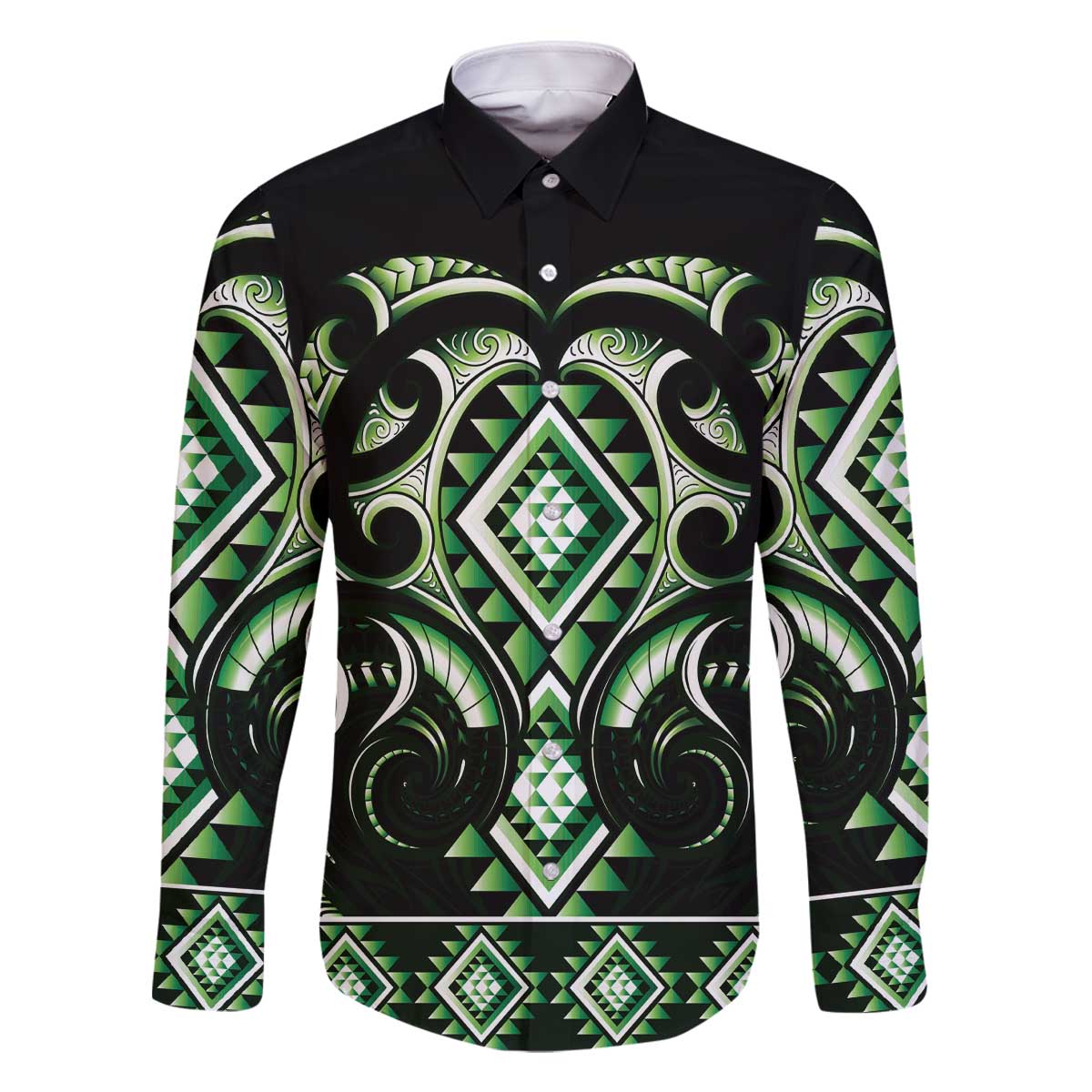 Green Ngaru Taniko With Aotearoa Maori Tattoo Family Matching Off The Shoulder Long Sleeve Dress and Hawaiian Shirt LT14 Dad's Shirt - Long Sleeve Green - Polynesian Pride