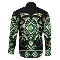 Green Ngaru Taniko With Aotearoa Maori Tattoo Family Matching Off The Shoulder Long Sleeve Dress and Hawaiian Shirt LT14 - Polynesian Pride