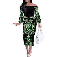 Green Ngaru Taniko With Aotearoa Maori Tattoo Family Matching Off The Shoulder Long Sleeve Dress and Hawaiian Shirt LT14 Mom's Dress Green - Polynesian Pride