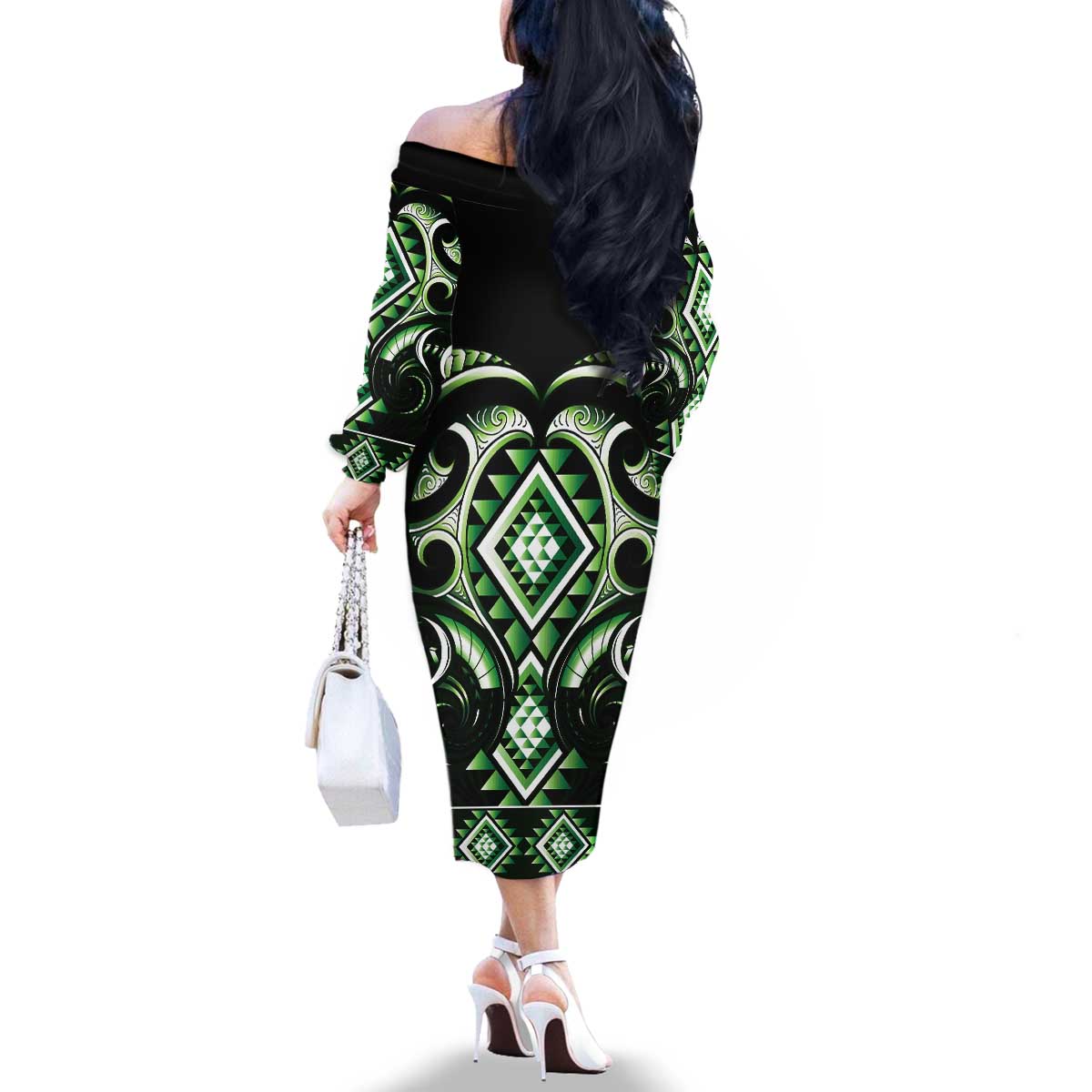 Green Ngaru Taniko With Aotearoa Maori Tattoo Family Matching Off The Shoulder Long Sleeve Dress and Hawaiian Shirt LT14 - Polynesian Pride