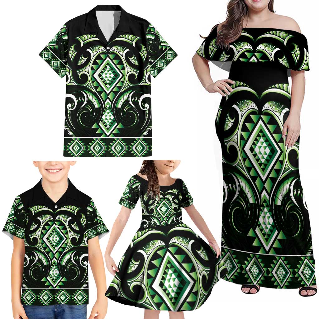 Green Ngaru Taniko With Aotearoa Maori Tattoo Family Matching Off Shoulder Maxi Dress and Hawaiian Shirt LT14 - Polynesian Pride