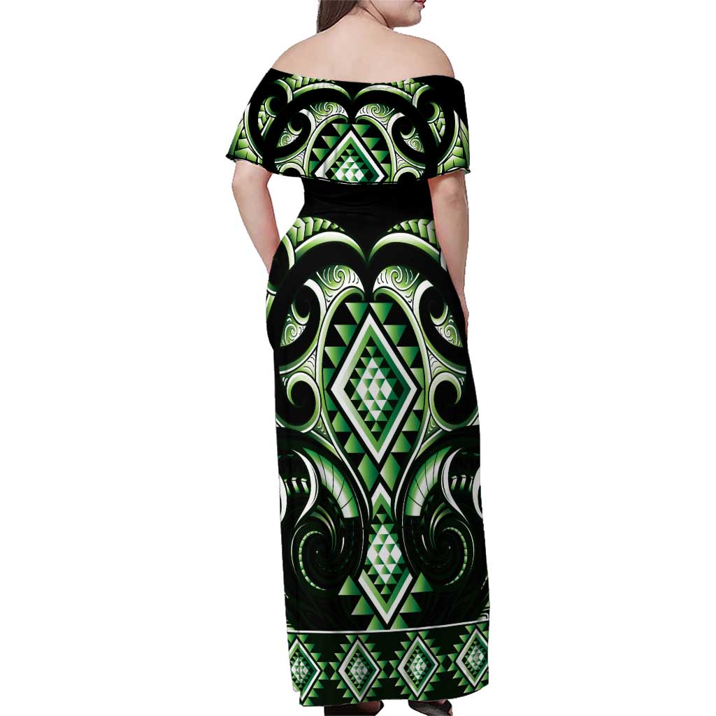 Green Ngaru Taniko With Aotearoa Maori Tattoo Family Matching Off Shoulder Maxi Dress and Hawaiian Shirt LT14 - Polynesian Pride