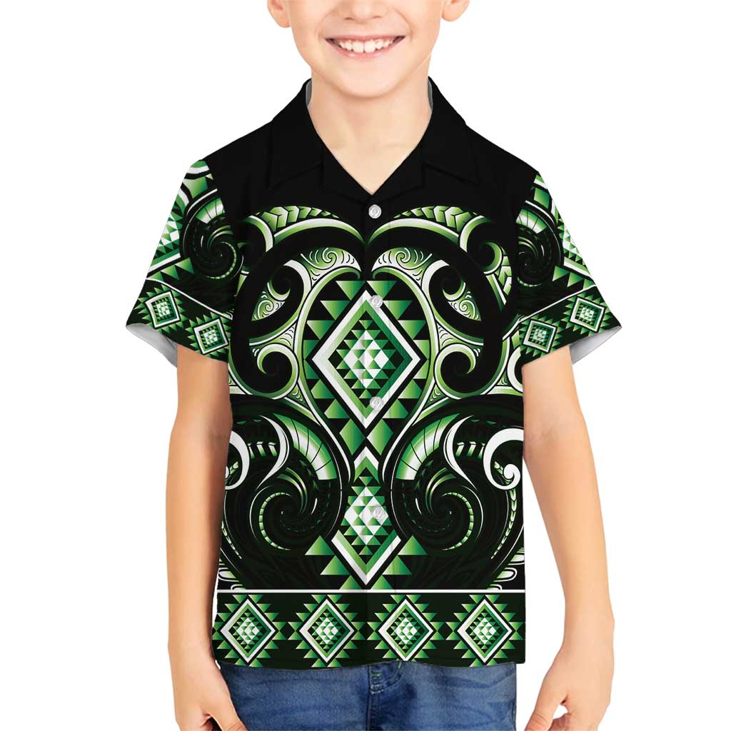 Green Ngaru Taniko With Aotearoa Maori Tattoo Family Matching Off Shoulder Maxi Dress and Hawaiian Shirt LT14 Son's Shirt Green - Polynesian Pride