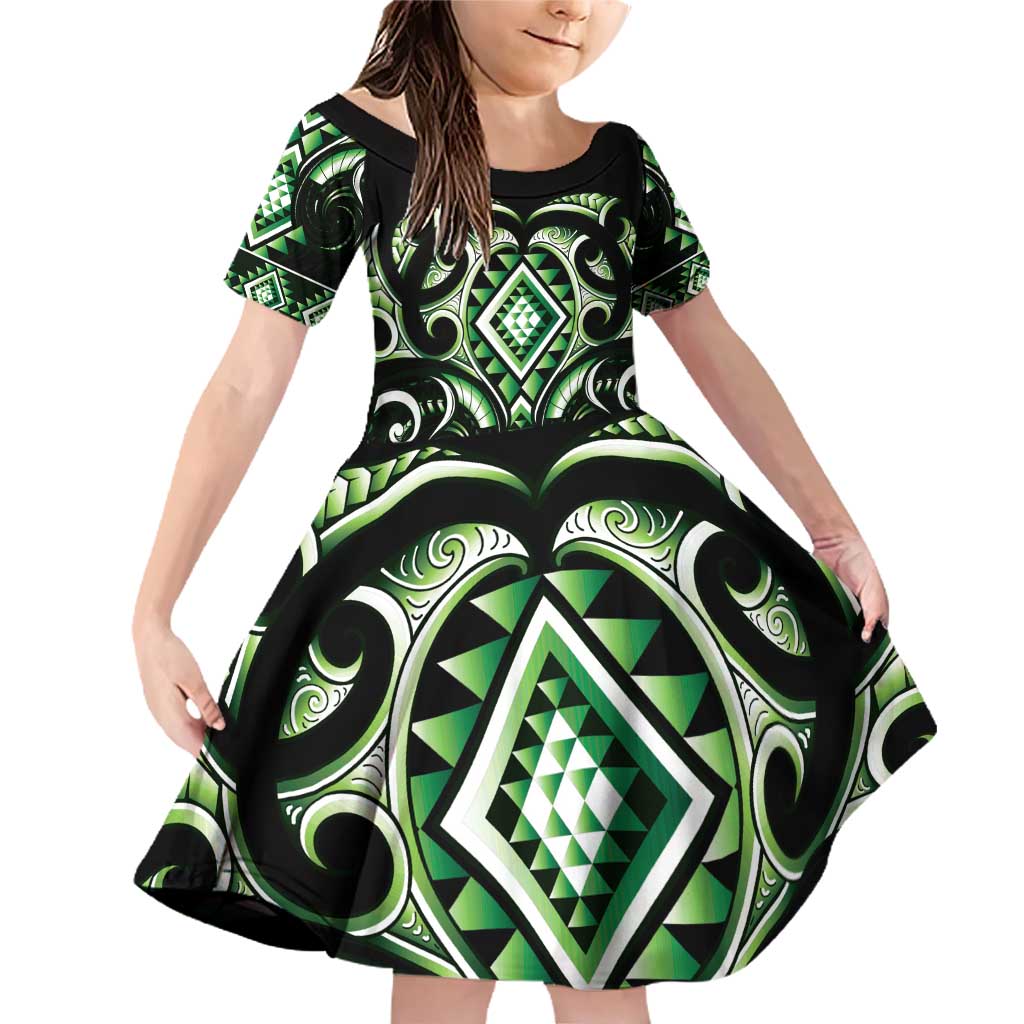 Green Ngaru Taniko With Aotearoa Maori Tattoo Family Matching Off Shoulder Short Dress and Hawaiian Shirt LT14 Daughter's Dress Green - Polynesian Pride