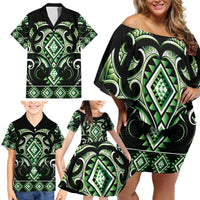 Green Ngaru Taniko With Aotearoa Maori Tattoo Family Matching Off Shoulder Short Dress and Hawaiian Shirt LT14 - Polynesian Pride