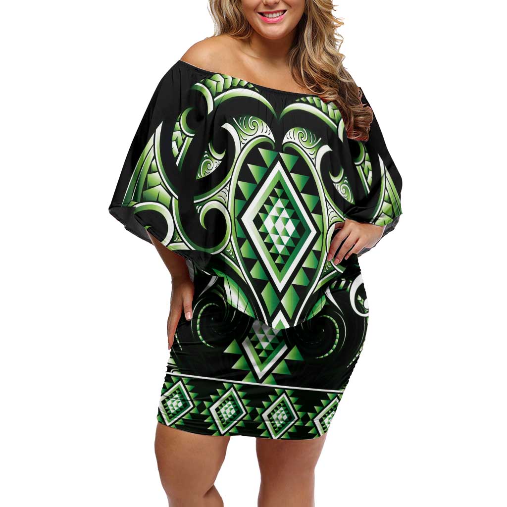 Green Ngaru Taniko With Aotearoa Maori Tattoo Family Matching Off Shoulder Short Dress and Hawaiian Shirt LT14 Mom's Dress Green - Polynesian Pride