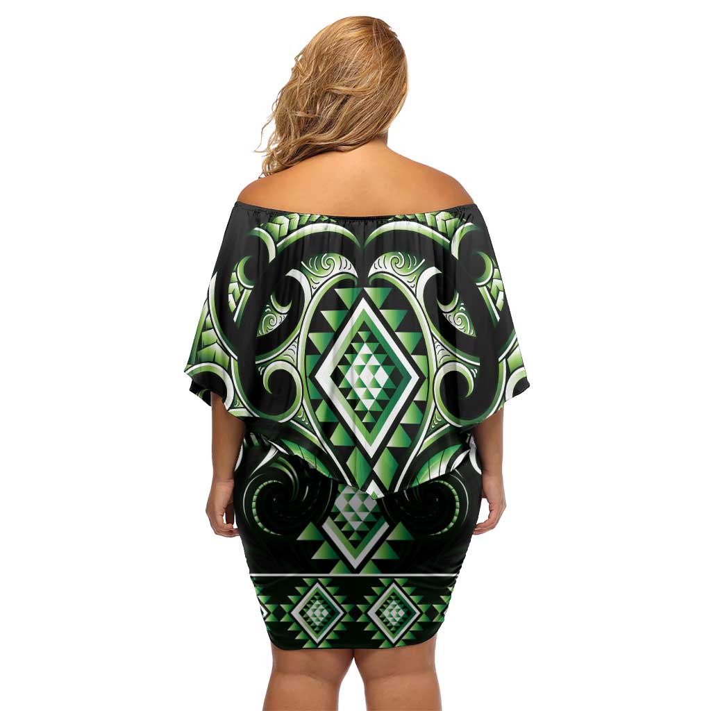 Green Ngaru Taniko With Aotearoa Maori Tattoo Family Matching Off Shoulder Short Dress and Hawaiian Shirt LT14 - Polynesian Pride