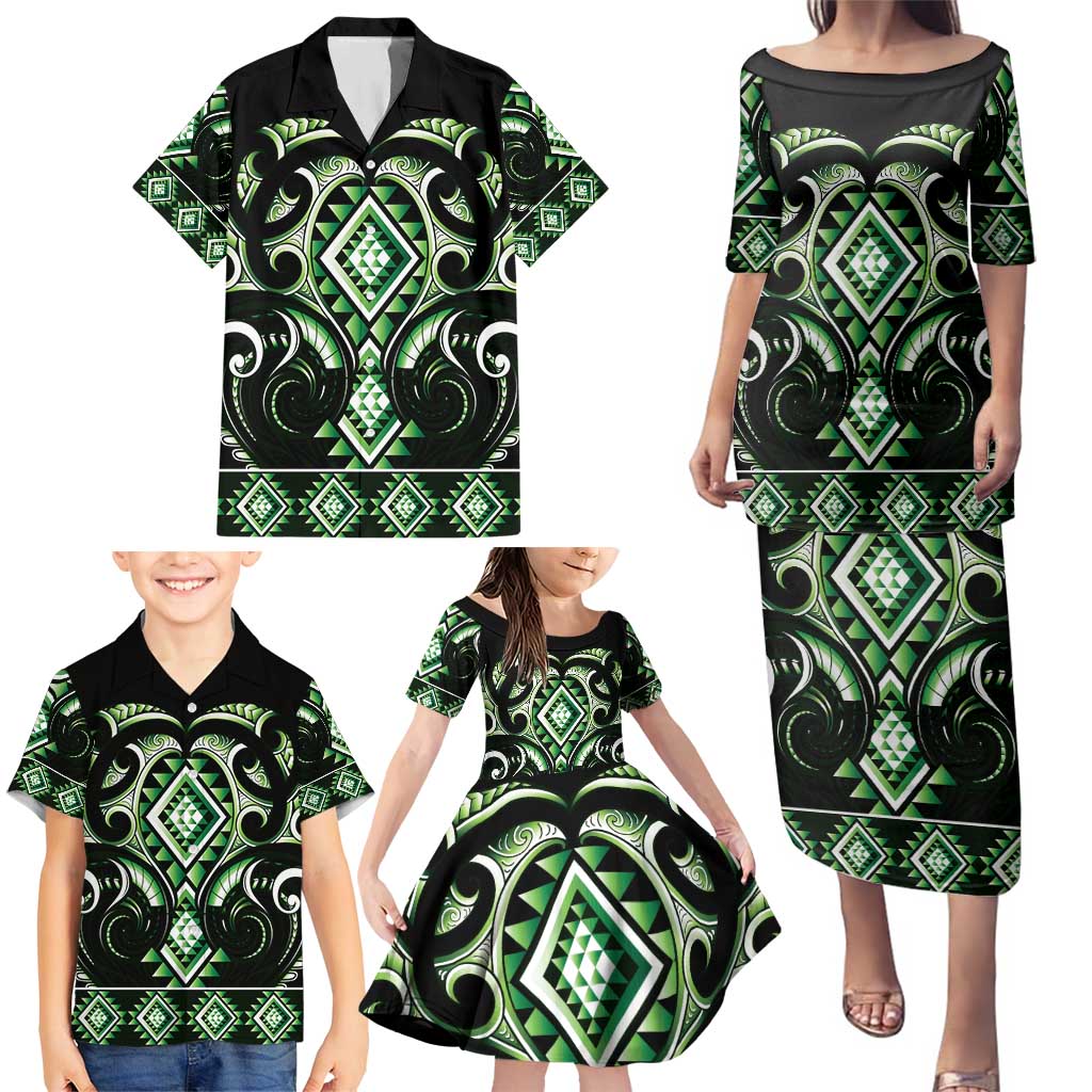 Green Ngaru Taniko With Aotearoa Maori Tattoo Family Matching Puletasi and Hawaiian Shirt LT14 - Polynesian Pride