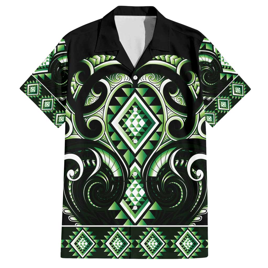 Green Ngaru Taniko With Aotearoa Maori Tattoo Family Matching Puletasi and Hawaiian Shirt LT14 Dad's Shirt - Short Sleeve Green - Polynesian Pride