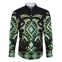Green Ngaru Taniko With Aotearoa Maori Tattoo Family Matching Puletasi and Hawaiian Shirt LT14 Dad's Shirt - Long Sleeve Green - Polynesian Pride