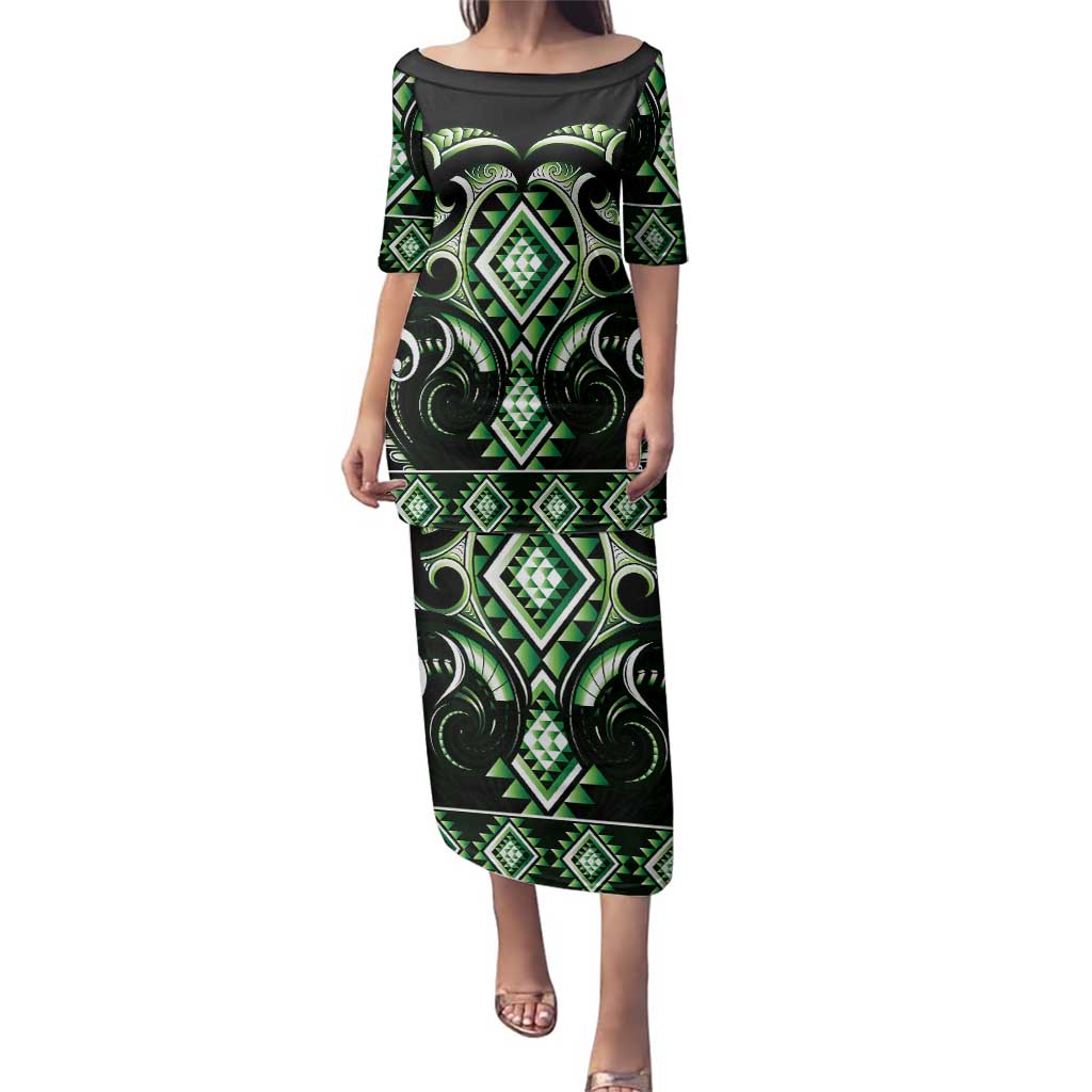 Green Ngaru Taniko With Aotearoa Maori Tattoo Family Matching Puletasi and Hawaiian Shirt LT14 Mom's Dress Green - Polynesian Pride