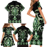 Green Ngaru Taniko With Aotearoa Maori Tattoo Family Matching Short Sleeve Bodycon Dress and Hawaiian Shirt LT14 - Polynesian Pride