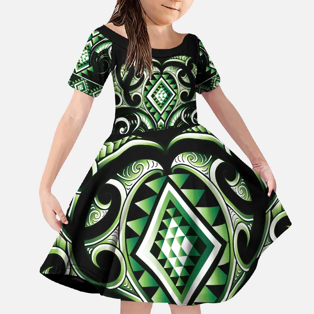 Green Ngaru Taniko With Aotearoa Maori Tattoo Family Matching Summer Maxi Dress and Hawaiian Shirt LT14 Daughter's Dress Green - Polynesian Pride