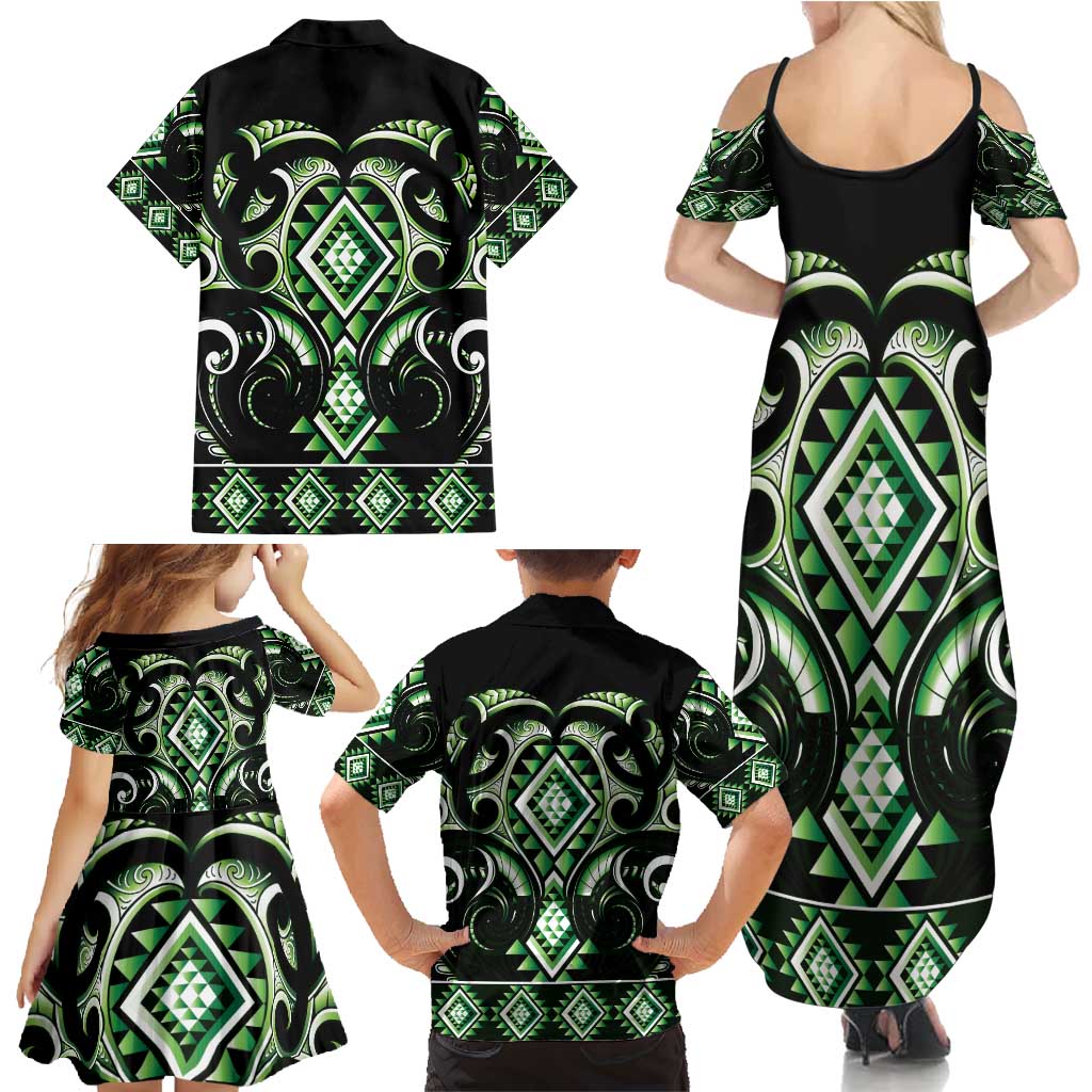 Green Ngaru Taniko With Aotearoa Maori Tattoo Family Matching Summer Maxi Dress and Hawaiian Shirt LT14 - Polynesian Pride