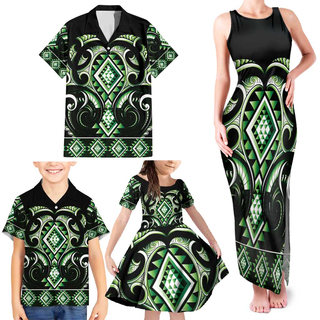 Green Ngaru Taniko With Aotearoa Maori Tattoo Family Matching Tank Maxi Dress and Hawaiian Shirt LT14 - Polynesian Pride