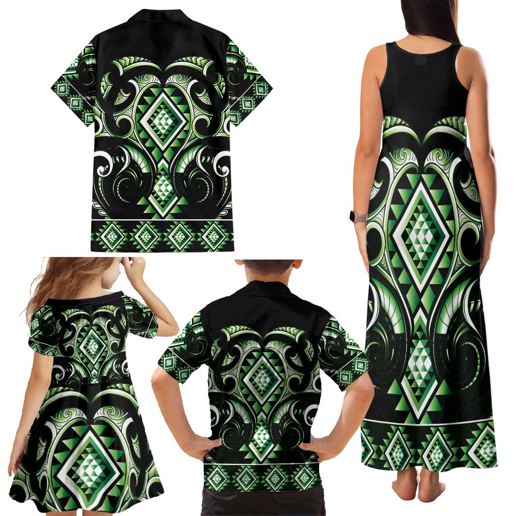 Green Ngaru Taniko With Aotearoa Maori Tattoo Family Matching Tank Maxi Dress and Hawaiian Shirt LT14 - Polynesian Pride