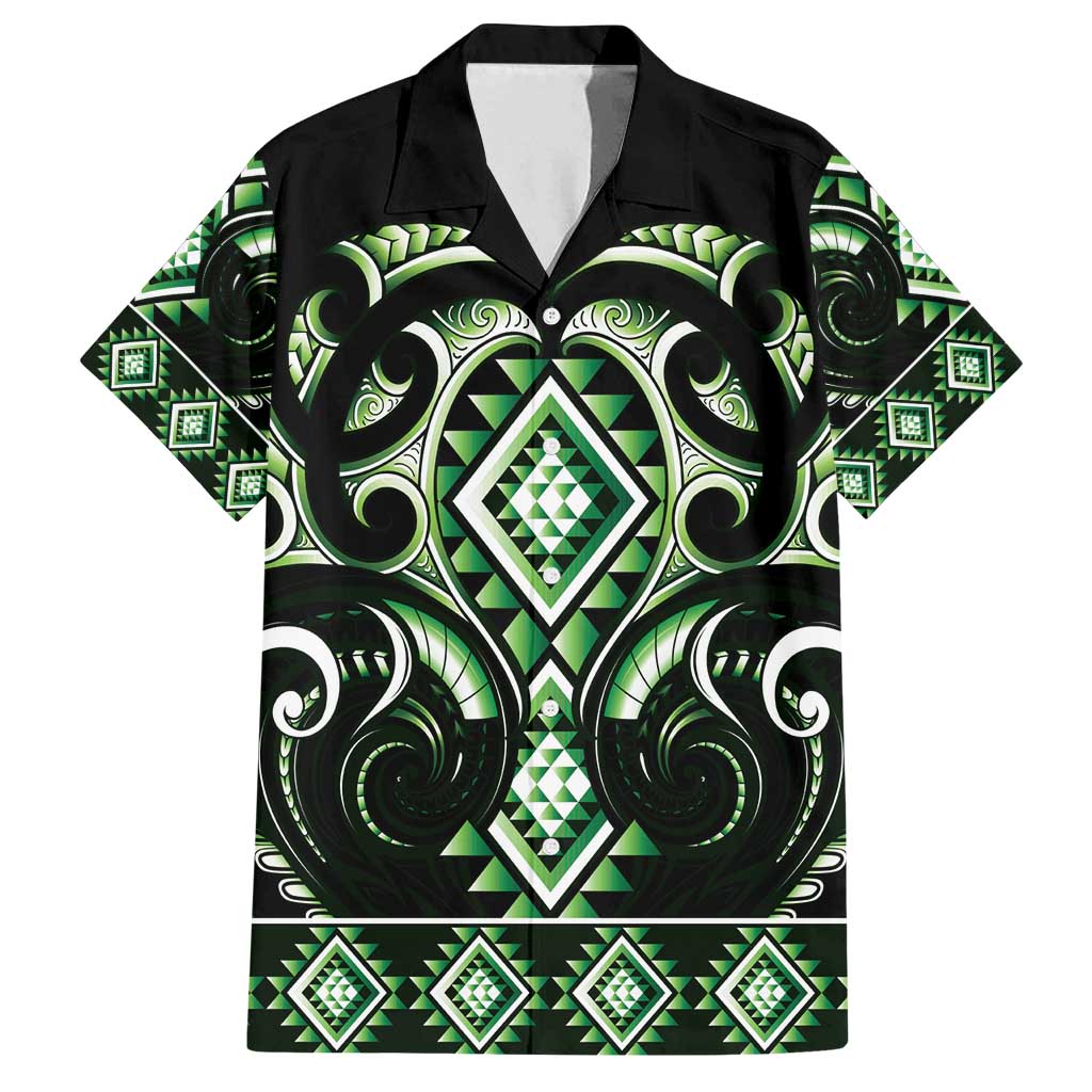 Green Ngaru Taniko With Aotearoa Maori Tattoo Family Matching Tank Maxi Dress and Hawaiian Shirt LT14 Dad's Shirt - Short Sleeve Green - Polynesian Pride