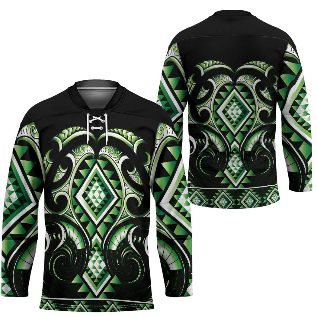 Green Ngaru Taniko With Aotearoa Maori Tattoo Hockey Jersey - Polynesian Pride