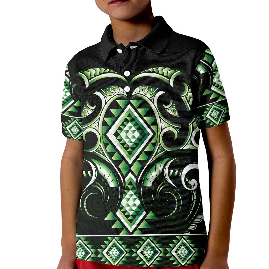 Green Ngaru Taniko With Aotearoa Maori Tattoo Kid Polo Shirt