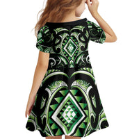 Green Ngaru Taniko With Aotearoa Maori Tattoo Kid Short Sleeve Dress