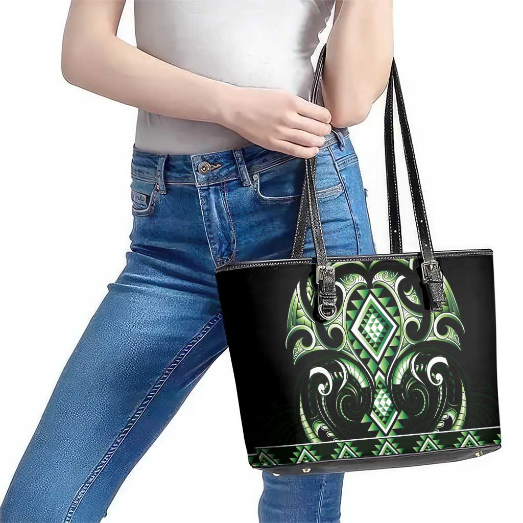 Green Ngaru Taniko With Aotearoa Maori Tattoo Leather Tote Bag