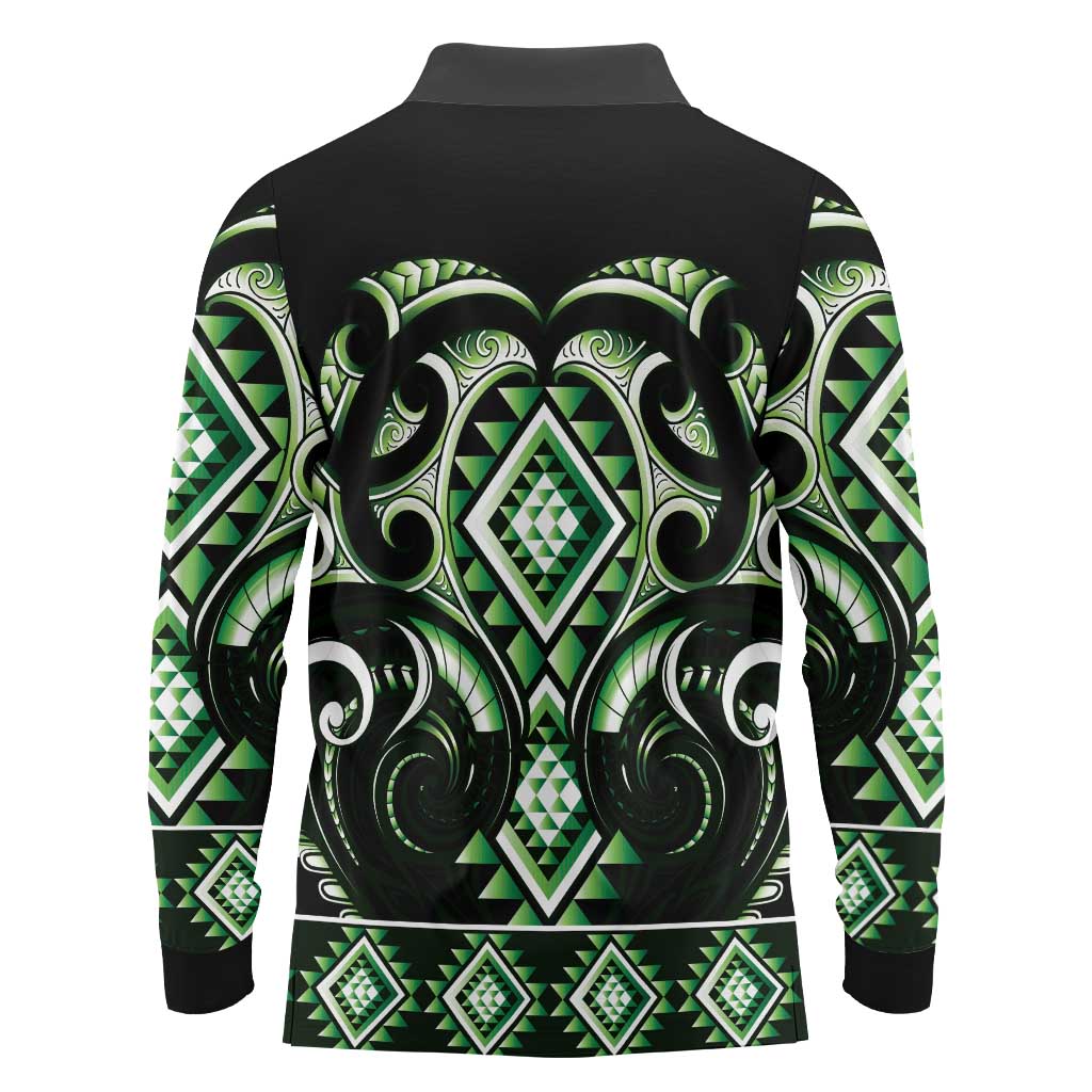 Green Ngaru Taniko With Aotearoa Maori Tattoo Long Sleeve Polo Shirt