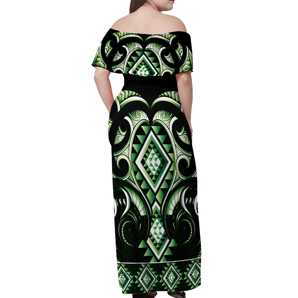 Green Ngaru Taniko With Aotearoa Maori Tattoo Off Shoulder Maxi Dress