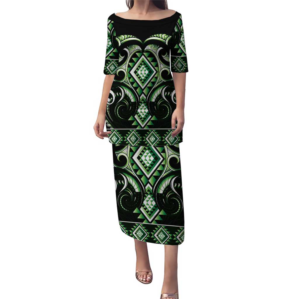 Green Ngaru Taniko With Aotearoa Maori Tattoo Puletasi LT14 Long Dress Green - Polynesian Pride