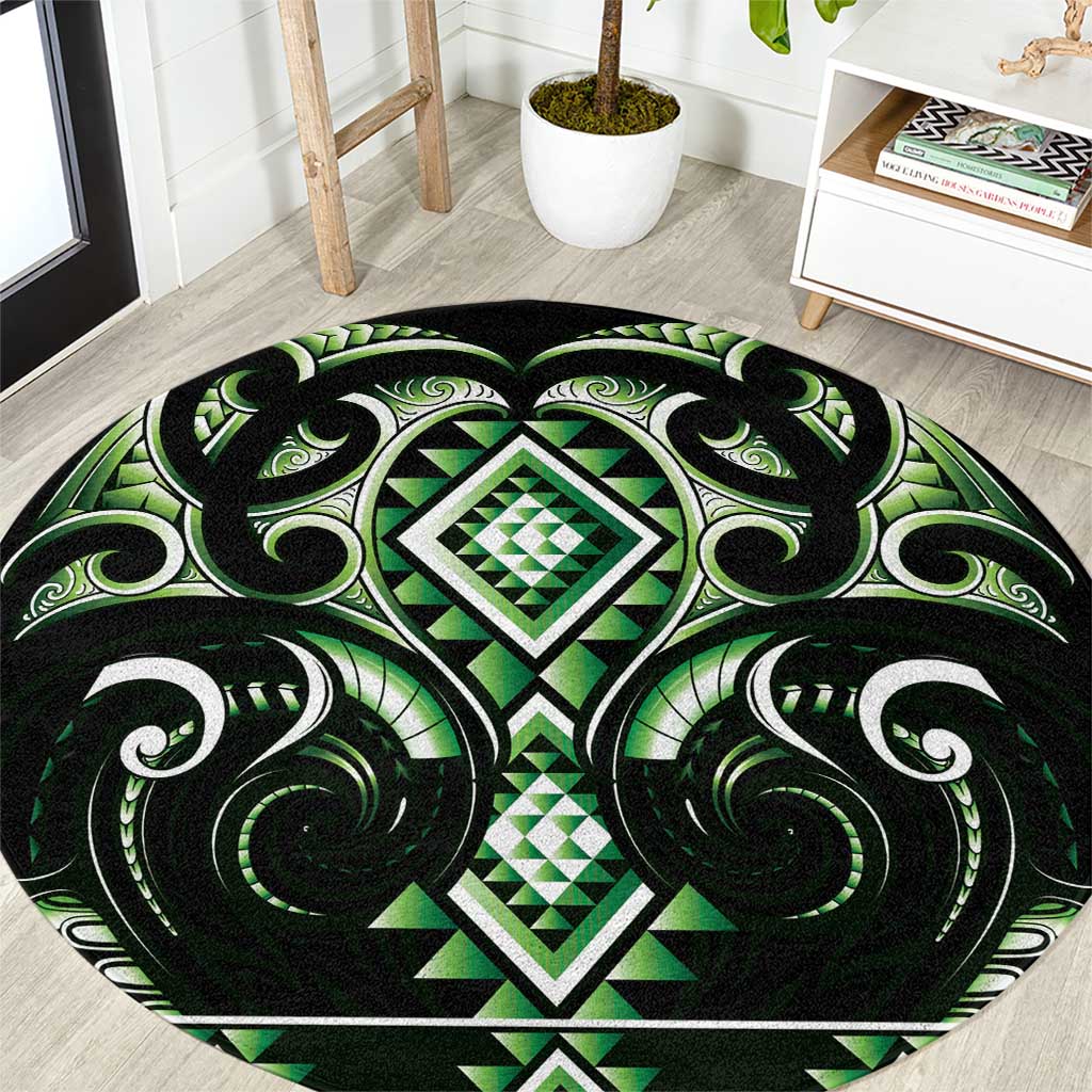 Green Ngaru Taniko With Aotearoa Maori Tattoo Round Carpet LT14 Green - Polynesian Pride