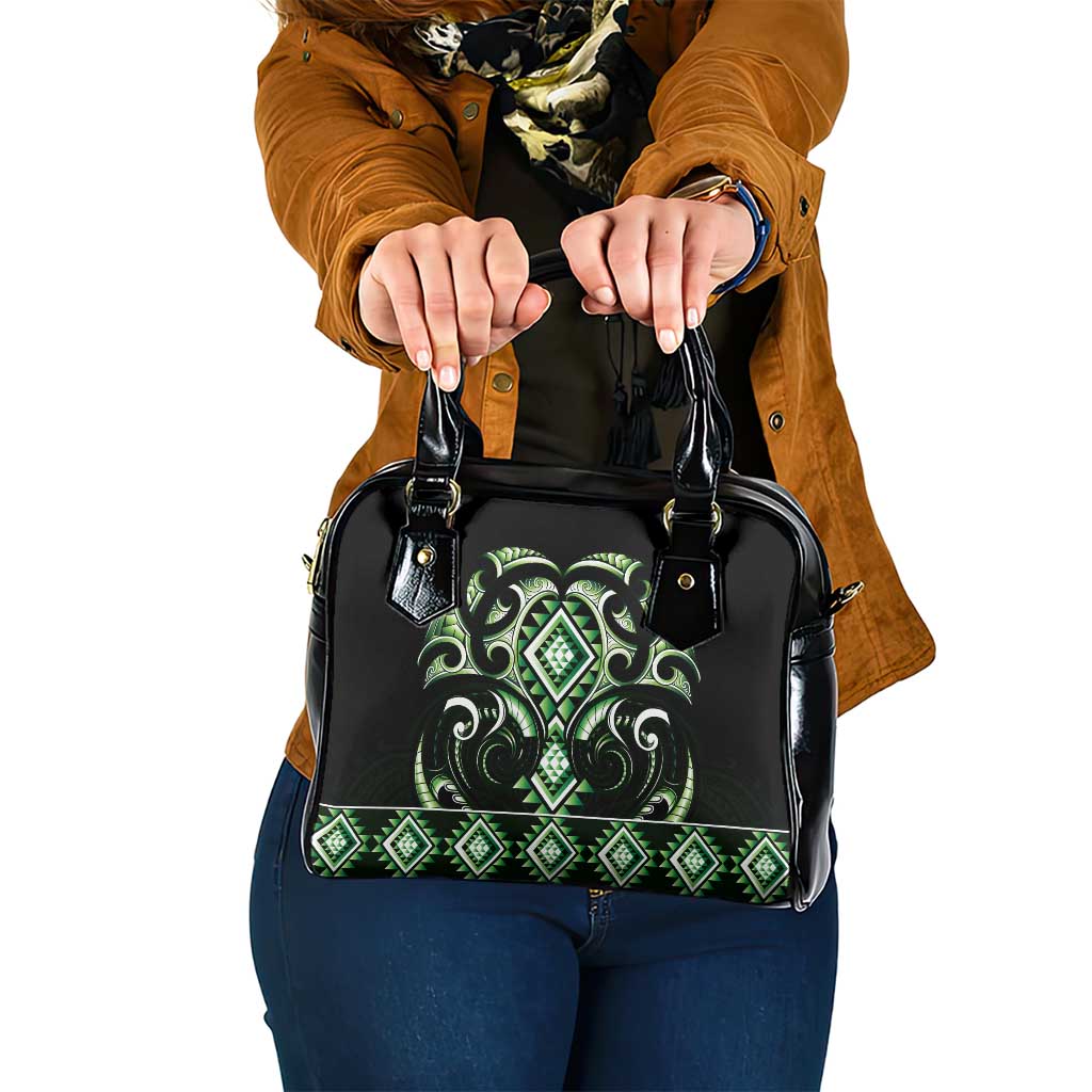 Green Ngaru Taniko With Aotearoa Maori Tattoo Shoulder Handbag