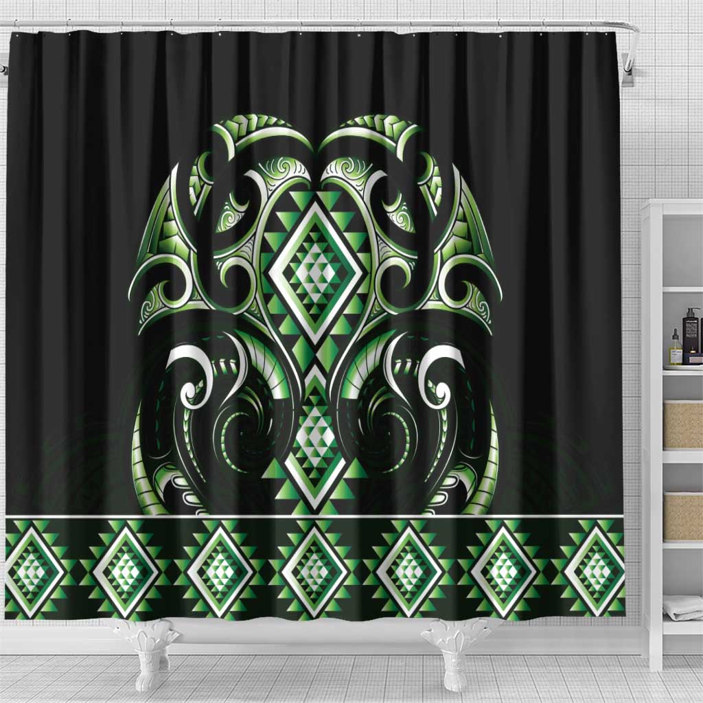 Green Ngaru Taniko With Aotearoa Maori Tattoo Shower Curtain LT14 - Polynesian Pride