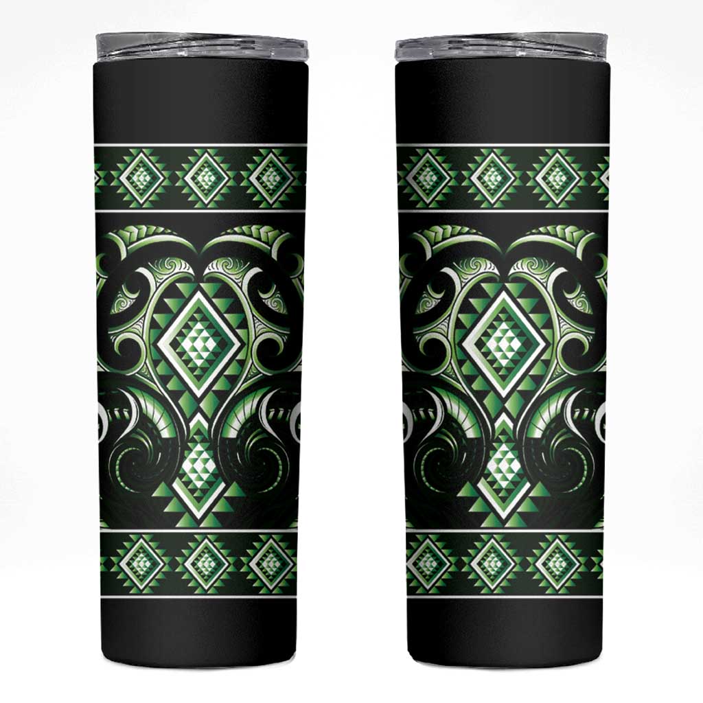 Green Ngaru Taniko With Aotearoa Maori Tattoo Skinny Tumbler LT14 Green - Polynesian Pride