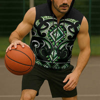 Green Ngaru Taniko With Aotearoa Maori Tattoo Sleeveless Zip Hoodie - Polynesian Pride