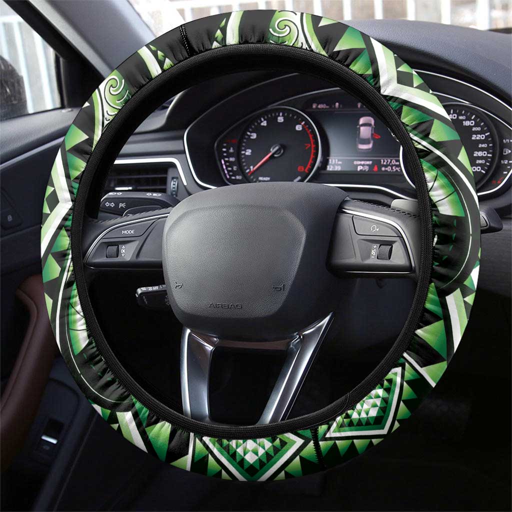 Green Ngaru Taniko With Aotearoa Maori Tattoo Steering Wheel Cover LT14 - Polynesian Pride