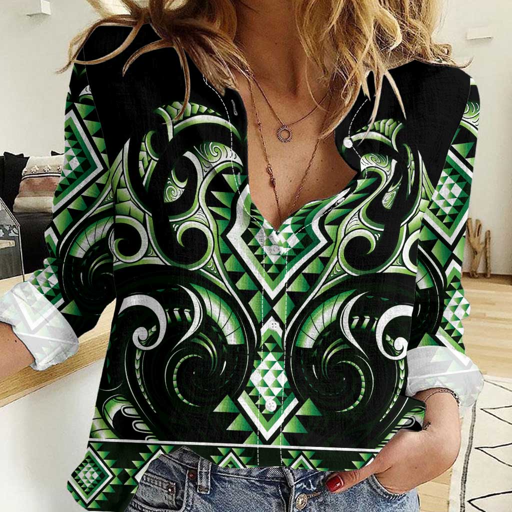 Green Ngaru Taniko With Aotearoa Maori Tattoo Women Casual Shirt LT14 Female Green - Polynesian Pride