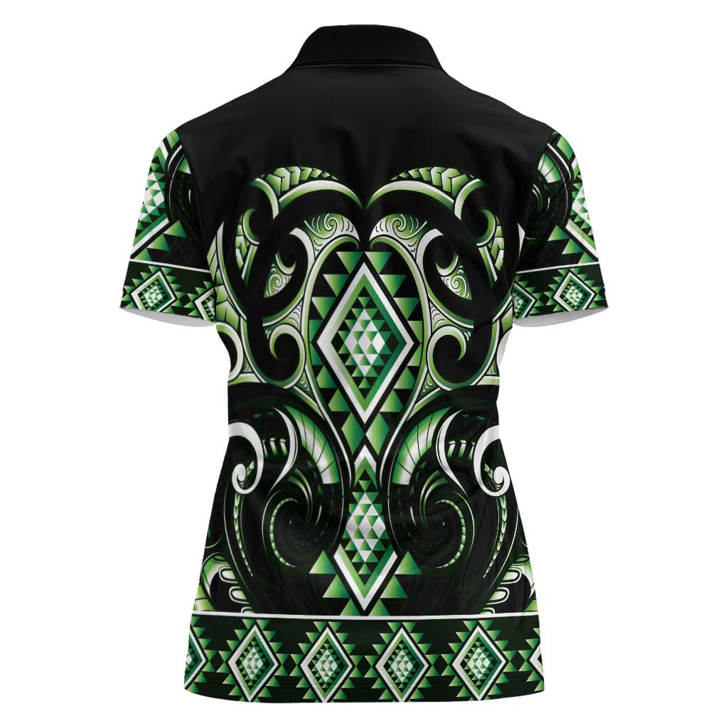 Green Ngaru Taniko With Aotearoa Maori Tattoo Women Polo Shirt