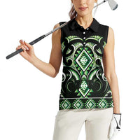 Green Ngaru Taniko With Aotearoa Maori Tattoo Women Sleeveless Polo Shirt