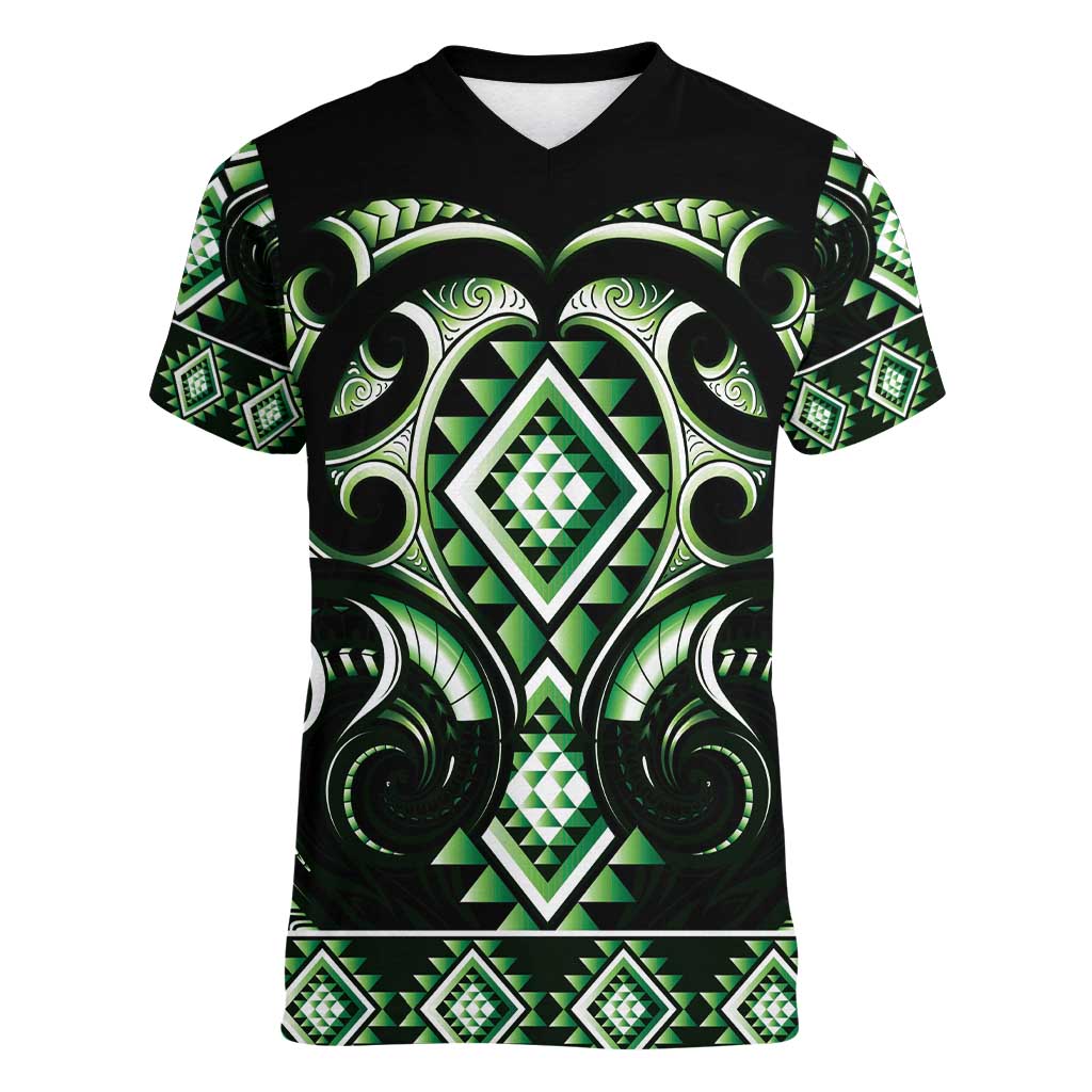 Green Ngaru Taniko With Aotearoa Maori Tattoo Women V-Neck T-Shirt